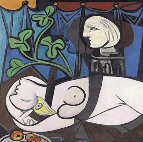 Desnudo, hojas verdes y busto de Picasso